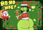 anthro beard big_butt breasts butt clothing dildo facial_hair female glistening_eyelids green_body hat headgear headwear holidays lips looking_back male sex_toy shocked smile solo text thick_bottom_lip afro_chan332 christmas dr._seuss how_the_grinch_stole_christmas! grinch santa_claus humanoid absurd_res english_text hi_res