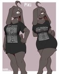 anthro biped black_clothing black_shirt black_t-shirt black_topwear breasts claws clothing ear_over_eye eyelashes eyeshadow female female_anthro finger_claws fur grey_body grey_fur hand_on_hip makeup monotone_body monotone_fur shirt smile solo t-shirt topwear colarix joy_division_(band) piki_(colarix) lagomorph leporid mammal rabbit 2024 absurd_res digital_media_(artwork) hi_res