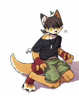 3_toes anthro bandage bandaged_arm barefoot black_clothing black_hair black_pawpads black_shirt black_t-shirt black_topwear bottomwear cheek_tuft claws clothed clothing eyebrow_through_hair eyebrows facial_tuft feet fur green_bottomwear green_clothing green_pants hair kneeling male male_anthro mouth_closed orange_body orange_fur pants pawpads paws shirt shorts simple_background solo t-shirt three-quarter_view toe_claws toes topwear translucent translucent_hair tuft unsigned white_background white_body white_fur yellow_eyes asnnonaka canid mammal full-length_portrait hi_res portrait