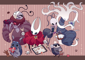 2_horns 6_eyes 6_limbs action_figure ambiguous_gender antennae_(anatomy) anthro biped black_eyes black_legs claws cloak clothed clothing empty_eyes eyelashes female feral flower food gift group holding_present horn lips mask multi_eye neck_tuft open_mouth open_smile plant red_cloak red_clothing smile standing tuft white_body white_flower kiri_0861 hollow_knight_(franchise) team_cherry bretta_(hollow_knight) divine_(hollow_knight) hornet_(hollow_knight) iselda_(hollow_knight) myla_(hollow_knight) the_knight_(hollow_knight) white_lady_(hollow_knight) zote_(hollow_knight) arachnid arthropod beetle insect weaver_(hollow_knight) absurd_res hi_res female_(lore)