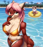 anthro big_breasts bikini breasts brown_body brown_fur brown_hair buoy clothing duo female female/female fluffy fluffy_tail fur gold_bikini green_eyes hair leaning leaning_forward long_hair looking_at_another looking_pleasured navel nipple_outline outside pink_hair red_body red_fur seductive side_eye smile solo_focus summer swimming_pool swimwear tail teasing two-piece_swimsuit water white_body white_fur redmn nera olivia_lowenheart canid canine fox mammal mustelid otter 2025 absurd_res colored colored_line_art digital_drawing_(artwork) digital_media_(artwork) hi_res shaded shaded_line_art signature