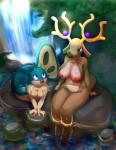 2018 anthro anthrofied blue_body blue_eyes breast_size_difference breasts brown_body brown_fur duo elpatrixf female fur generation_2_pokemon hi_res horn lying nintendo nipples nude on_front open_mouth outside plant pokemon pokemon_(species) qwilfish sitting stantler tree water waterfall