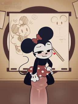 :3 anthro big_ears biped black_body black_eyes black_nose black_skin black_tail blush bottomwear bow_ribbon clothed clothing drawing_(object) duo erection extreme_size_difference female flat_chested genitals glistening glistening_body glistening_genitalia glistening_penis glistening_skin gloves half-closed_eyes handwear inside long_lashes looking_at_viewer male male/female mouse_tail narrowed_eyes pattern_bottomwear pattern_clothing pattern_skirt penis red_bottomwear red_clothing red_skirt sitting_on_penis size_difference skirt spots spotted_bottomwear spotted_clothing spotted_skirt tail tan_penis topless white_clothing white_face white_gloves white_handwear x-ray_view star_rifle disney minnie_mouse human mammal mouse murid murine rodent 2026 3:4 hi_res