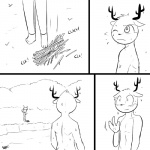 1:1 anthro antlers athletic athletic_anthro athletic_male blush bottomwear clothed clothed_female clothing comic deer duo female fully_clothed fully_clothed_female gesture hair horn lagomorph leporid looking_at_another male mammal monochrome one_eye_closed outside pants rabbit shirt slypon sound_effects standing stick topless topless_male topwear water waving wet wood