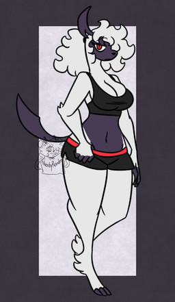 animal_feet anthro athletic_wear big_breasts black_body black_clothing black_fur bottomwear breasts cleavage clothed clothing crotch_lines eyelashes female fur hair hand_on_bottomwear holding_clothing holding_object horn hotpants long_eyelashes looking_at_viewer navel one_eye_visible pose red_eyes shirt shorts skimpy solo tail tank_top topwear tuft white_body white_fur white_hair wide_hips nerdyreindeer nintendo pokemon absol generation_3_pokemon pokemon_(species) 2023 hi_res pinup