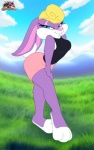 anthro bedroom_eyes binky_bunny bottomwear breasts clothed clothing female field furgonomics half-closed_eyes hi_res lagomorph leporid looking_at_viewer mammal narrowed_eyes outside rabbit seductive seththedragon skirt solo tail_through_skirt tiny_toon_adventures warner_brothers