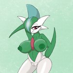 areola big_breasts breasts crossgender female genitals green_areola green_body green_hair green_nipples hair head_crest markings nipples not_furry nude pussy solo thick_thighs white_body poraka7 nintendo pokemon gallade generation_4_pokemon humanoid pokemon_(species) 1:1