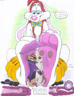 alternative_fashion between_feet bow_tie bow_tie_only breasts clothed clothing erection feet female foot_fetish goth group group_sex hair impregnation internal long_hair male male/female mostly_nude partially_clothed penetration sex simple_background threesome trio undressed timon-berkowitz disney the_lion_king who_framed_roger_rabbit roger_rabbit timon absurd_res crossover hi_res traditional_media_(artwork)