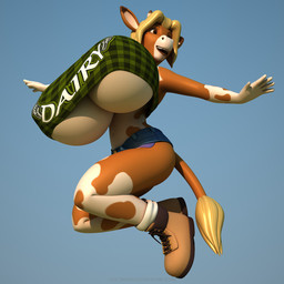 anthro big_breasts blonde_hair bottomwear bouncing_breasts breasts clothed clothing female hair horn huge_breasts hyper midriff shorts simple_background smile solo under_boob anthroanim annabelle_cow bovid bovine cattle mammal 1:1 2017 3d_(artwork) digital_media_(artwork) hi_res