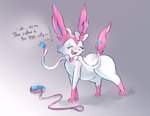 ambiguous_gender big_butt blush bodily_fluids butt collar dominant_pokemon eyes_closed feral gloves_(marking) gradient_background leash leg_markings markings open_mouth pokemon_domination quadruped simple_background socks_(marking) solo sweat sweatdrop text discocci nintendo pokemon eeveelution generation_6_pokemon mammal pokemon_(species) sylveon 2020 hi_res