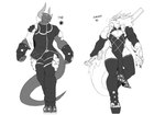 anthro biped clothed clothing crossdressing duo femboy hair holding_object holding_weapon male muscular muscular_femboy muscular_male simple_background tail weapon white_background agitype01 mythology jiaolong_(agitype01) dragon mythological_creature mythological_scalie scalie monochrome