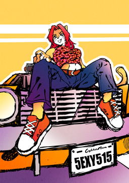 alternate_species animal_print anthro belt biped bottomwear breasts cat_tail clothing commercial_vehicle denim denim_bottomwear denim_clothing female footwear foreshortening hand_on_knee hand_on_leg headlight jeans leopard_print license_plate midriff navel orange_car pants red_clothing red_footwear red_shoes red_sneakers red_topwear shoes simple_background sitting sitting_on_car smile sneakers solo taxicab topwear vehicle yellow_background cammypuppy crazy_taxi sega gena_(crazy_taxi) absurd_res hi_res