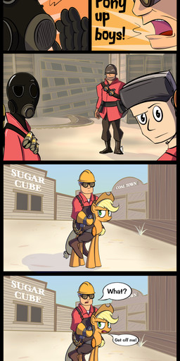 armor blonde_hair clothing cowboy_hat electronics explosives eyewear female feral freckles gas_mask goggles green_eyes grenade hair hard_hat hat headgear headphones headset headwear helmet male mask text weapon subjectnumber2394 friendship_is_magic hasbro my_little_pony team_fortress_2 valve valve_corporation applejack_(mlp) engineer_(team_fortress_2) pyro_(team_fortress_2) scout_(team_fortress_2) soldier_(team_fortress_2) earth_pony equid equine horse human mammal pony 2012 absurd_res comic crossover english_text hi_res url