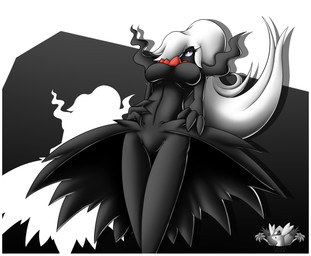 3_fingers alternate_species black_body blue_eyes border breasts eyelashes featureless_breasts featureless_crotch female fingers hair hands_on_hips humanoidized long_hair looking_at_viewer looking_down looking_down_at_viewer low-angle_view not_furry nude pokemorph pupils solo standing white_border white_hair white_pupils latiar nintendo pokemon darkrai generation_4_pokemon ghost humanoid legendary_pokemon pokemon_(species) spirit 2014 digital_media_(artwork) shaded soft_shading watermark