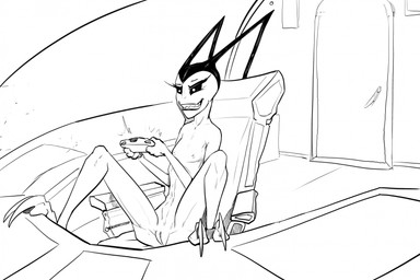antennae_(anatomy) breasts chair claws controller feet female fingers furniture genitals holding_controller holding_object not_furry nude sitting small_breasts smile solo spacecraft spread_legs spreading teeth toe_claws toes vehicle vulva zafara_(artist) invader_zim nickelodeon alien alien_humanoid humanoid irken digital_media_(artwork) hi_res monochrome sketch