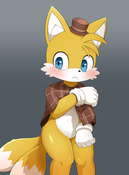 2_tails anthro black_nose blue_eyes blush brown_clothing brown_headwear cheek_tuft clothed clothing facial_tuft fingers fur fur_tuft gloves handwear headgear headwear iris male multi_tail pupils solo tail tuft white_body white_clothing white_fur white_gloves white_handwear white_tail white_tuft yellow_body yellow_ears yellow_fur yellow_tail sum sega sonic_the_hedgehog_(series) the_murder_of_sonic_the_hedgehog miles_prower canid canine fox mammal 2023 hi_res