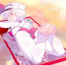 anthro barefoot bikini bulge butt clothed clothing crossdressing feet fur humanoid_feet licking licking_lips looking_back lying male on_front plantigrade scut_tail short_tail solo swimwear tail tongue tongue_out two-piece_swimsuit visor white_body white_fur young young_anthro young_male calibro18 ape_escape sony_corporation sony_interactive_entertainment specter_(ape_escape) haplorhine mammal monkey primate