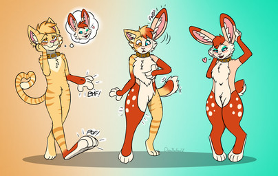 anthro biped blue_eyes blush breasts chest_tuft collar collar_only countershade_feet countershade_fur countershade_tail countershade_torso countershading crotch_tuft digitigrade dipstick_ears ear_markings feet female female_anthro front_view fur gender_transformation gradient_background hair inner_ear_fluff looking_down looking_down_at_self male male_anthro markings motion_lines mtf_transformation multicolored_ears nude nude_anthro nude_female nude_male one_eye_closed onomatopoeia open_mouth open_smile orange_body orange_eyes orange_fur orange_hair pink_inner_ear pink_markings pink_nose red_body red_ear_tips red_fur red_hair scut_tail short_tail simple_background smile solo sound_effects species_transformation standing stripes tail text thought_bubble three_frame_sequence transformation transformation_sequence tuft white_body white_fur white_inner_ear_fluff white_markings wink fox0808 gzi wendy_(fox0808) domestic_cat felid feline felis lagomorph leporid mammal rabbit 2022 absurd_res colored hi_res sequence
