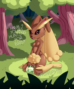 anthro arm_tuft big_ears black_nose black_sclera breasts brown_body brown_fur cheek_tuft dialogue egg eyebrows facial_tuft featureless_breasts feet female floppy_ears forest front_view fur grass holidays kneeling long_ears looking_at_viewer lop_ears open_mouth pink_eyes plant small_breasts solo talking_to_viewer text thick_eyebrows thick_thighs tree tuft wide_hips wrist_tuft yellow_body yellow_fur shumpy easter nintendo pokemon generation_4_pokemon lopunny pokemon_(species) absurd_res hi_res