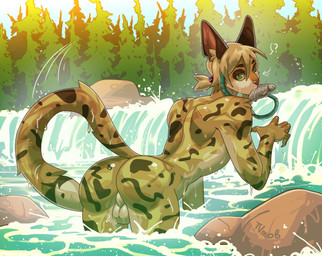all_fours anthro backsack balls blonde_hair bubble_butt butt claws detailed_background fishing forest forest_background fur fur_markings genitals glistening glistening_body green_eyes hair long_ears long_tail looking_at_viewer looking_back looking_back_at_viewer male markings mouth_hold multicolored_body multicolored_fur nature nature_background nude plant ponytail question_mark rear_view solo tail tree water waterfall wet wet_body wet_fur tvmob cheetah felid feline mammal absurd_res hi_res