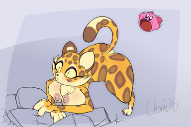 anthro ass_up big_breasts blush breasts chest_tuft countershading duo female huge_breasts imminent_oral male nipples nude open_mouth pupils raised_tail slit_pupils spots surprised tail thick_thighs tuft whiskers wide_hips yellow_sclera clone26 kirby_(series) kirby_and_the_forgotten_land nintendo clawroline kirby felid leopard mammal pantherine waddling_head 3:2 hi_res unfinished