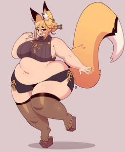 belly big_belly big_breasts big_tail blonde_hair blush blush_lines bottomwear breasts clothing cute_fangs ear_piercing fangs female footwear hair huge_breasts huge_thighs legwear markings mole_(marking) mole_on_breast obese obese_female obese_humanoid on_one_leg open_mouth open_smile overweight overweight_female overweight_humanoid piercing purple_eyes shadow shoes short_hair side_boob simple_background smile solo standing stockings tail teeth thick_thighs topwear low_res_art miya_(low_res_art) animal_humanoid canid canid_humanoid canine canine_humanoid fox_humanoid humanoid mammal mammal_humanoid hi_res signature