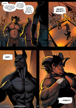 5_fingers anthro arm_scar back_scar back_scars big_muscles black_arms black_body black_hair black_legs brown_arms brown_body brown_eyes chest_scar clothed clothing crowd curly_hair dialogue eyebrows eyes_closed fighting_ring fingers group hair horn jewelry large_male male mouth_scar muscular muscular_anthro muscular_male narrowed_eyes necklace purple_clothing scar shaded_face shadow silhouette silhouetted_body size_difference solo speech_bubble tent text thick_eyebrows topless topless_anthro topless_male yelling yellow_eyes purplebirdman roshim_(purplebirdman) bovid canid canine caprine goat human mammal sheep 2023 better_version_at_paywall colored comic detailed english_text shaded url