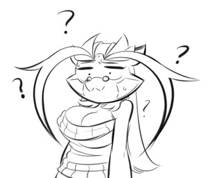 anthro big_breasts bodily_fluids breasts clothing confusion dot_eyes eyebrows eyewear female glasses hair horn huge_breasts question_mark simple_eyes solo sweat sweater topwear wearing_glasses averyshadydolphin mythology sokajou dragon jou mythological_creature mythological_scalie scalie 2017 low_res monochrome unavailable_at_source