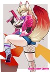 amber_(space_leaper) anthro big_breasts blue_clothing breasts canid canine clothed clothing female fishnet_clothing gun hi_res jacket kemono looking_at_viewer mammal one_eye_closed pink_clothing ranged_weapon sindoll solo space_leaper topwear weapon wink winking_at_viewer