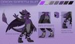 accessory ambiguous_gender anthro armor backpack breastplate breasts clock color_swatch drone featureless_breasts featureless_crotch female harness jet_pack lock_symbol markings off/on purple_background purple_markings simple_background solo text textured_background tube watch wings m0olky mythology orion_industries orionsynth avali synth_(vader-san) english_text hi_res model_sheet