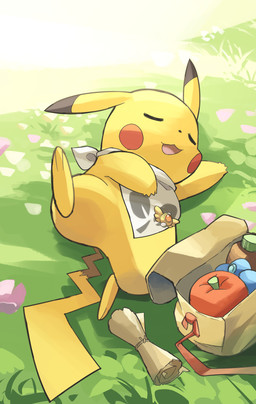 anthro apple bag eyes_closed featureless_crotch food fruit grass male on_grass on_ground open_mouth oran_berry paws plant pokemon_berry sleeping solo spread_legs spreading tail tongue yellow_body hakkentai_pkdn nintendo pmd:_discovery_team_of_stars_and_souls pokemon pokemon_mystery_dungeon spike_chunsoft generation_1_pokemon pikachu pokemon_(species) 2025 hi_res