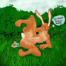 anthro big_butt bodily_fluids butt cum easter_egg egg fur genital_fluids grass holidays lying lying_on_grass male on_grass on_ground orange_body orange_fur oviposition plant solo feelindandy(artist) easter jasper_jackalope lagomorph mammal 1:1 absurd_res hi_res