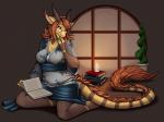 2018 4:3 5_fingers anthro asian_clothing asian_mythology biped book breasts brown_hair chinese_mythology clothed clothing digital_media_(artwork) dragon east_asian_clothing east_asian_mythology eyewear female fingers glasses hair japanese_clothing kirin kneeling mythological_creature mythological_scalie mythology non-mammal_breasts robyn_paperdoll scalie solo tail