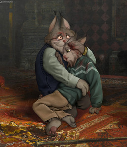 anthro blood blood_in_mouth blood_on_face bodily_fluids crying dramatic_lighting duo emotional history hug inside killing male male/male parody russian_empire slavic_vernacular_architecture tears villainous wounded ilya_repin jebbthefoxy third-party_edit disney ivan_the_terrible_and_his_son_ivan zootopia milton_lynxley pawbert_lynxley canada_lynx felid feline lynx mammal 2026 digital_media_(artwork) digital_painting_(artwork) draw_over english_description hi_res inspired_by_formal_art painting_(artwork) father_(lore) father_and_child_(lore) father_and_son_(lore) parent_(lore) parent_and_child_(lore) parent_and_son_(lore) son_(lore)
