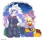 anthro belt biceps bottomwear clothing fingerless_gloves fur gloves group hair handwear male multicolored_body multicolored_fur muscular muscular_male pecs simple_background wolfmalro cheong_hwan sye_(wolfmalro) canid canine canis fox mammal red_fox true_fox wolf 2018 digital_media_(artwork)