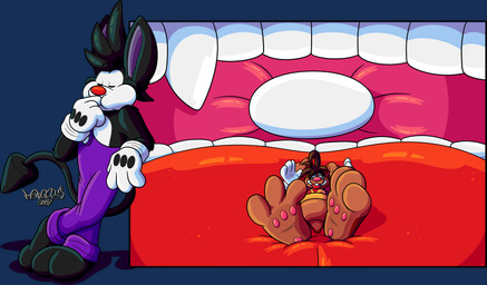 2_toes 3_toes 4_fingers anthro big_feet big_tongue cartoon_gloves cheek_bulge curling_toes dazed dizzy dizzy_eyes duo feet fingers inside_mouth lying male male/male mawplay on_back pawpads paws red_tongue soft_vore soles spread_toes tail toes tongue toony toony_expression vore whiskers marquis2007 herman_(marquis2007) roderick_(tamerkoh) imp lagomorph leporid mammal rabbit absurd_res hi_res