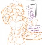 angry anthro blush bottomwear bow_(feature) bow_tie breasts buckteeth caught_in_the_act clothed clothing dialogue duo embarrassed exposed_endoskeleton fangs female flirting grin looking_back machine male nipples shorts smile teeth text topless undressing vawfag five_nights_at_freddy's scottgames bonnie_(fnaf) fan_character tammy_(fnaf_oc) animatronic felid lagomorph leporid mammal pantherine rabbit robot tiger english_text