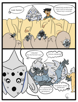 arkveld_armor armor baby_trapping birth black_sclera bodily_fluids border cliff dialogue egg female feral fluffy fluffy_chest grey_body grey_scales hatching_from_egg headgear headgear_only helmet helmet_only holidays horn humor key male male/female nervous nude_male raised_leg scales seductive sweat text white_border coralhunter capcom father's_day monster_hunter nata_(monster_hunter) arkveld construct_(mh) flying_wyvern guardian_arkveld human mammal comic digital_drawing_(artwork) digital_media_(artwork) english_text hi_res