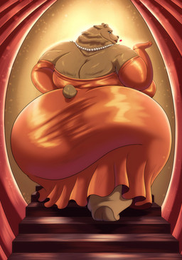 anthro armwear big_breasts big_butt breasts butt clothing dress elbow_gloves eyeliner female gloves handwear huge_breasts huge_butt hyper hyper_butt jewelry looking_at_viewer looking_back looking_back_at_viewer makeup morbidly_obese necklace obese orange_clothing orange_dress overweight rear_view smile solo stairs standing walking robthehoopedchipmunk forbes bear mammal hi_res
