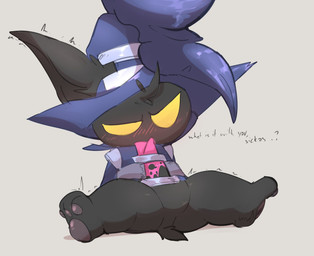ambiguous_gender anthro black_body black_fur blush bottomless bottomless_ambiguous clothed clothing dialogue featureless_crotch fur half-closed_eyes hat headgear headwear insult insulting_viewer looking_down male narrowed_eyes null partially_clothed pawpads perineum shaking simple_background small_tail solo spread_legs spreading tail text trembling wizard_hat yellow_eyes young smite_(artist) league_of_legends riot_games tencent veigar yordle english_text hi_res adult_(lore) male_(lore)