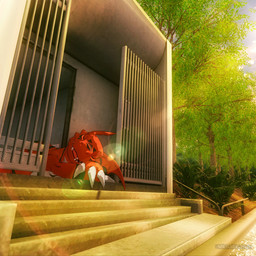 ambiguous_gender black_markings claws digital_hazard eyes_closed feral gate handrail happy head_on_arm head_wings leaf lens_flare long_claws markings plant railing red_body sleeping solo stairs symbol teeth teeth_showing tree unusual_wing_placement wings mikhaildramon bandai_namco digimon digimon_(species) guilmon reptile scalie 1:1 3d_(artwork) absurd_res digital_media_(artwork) hi_res shaded