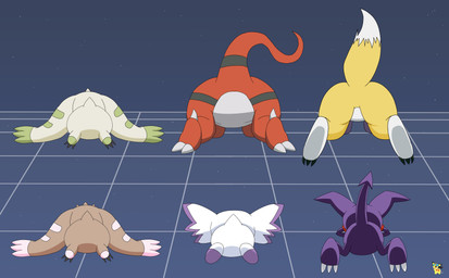 ambiguous_gender anthro brown_body brown_fur butt claws feral fur group horn logo long_ears lying male on_front purple_body red_body shortstack shortstack_male tail toe_claws white_body white_fur yellow_body yellow_fur pichu90 bandai_namco digimon calumon canid canine digimon_(species) guilmon humanoid impmon lopmon mammal renamon terriermon absurd_res artist_logo hi_res