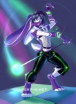 alternative_fashion anthro ball biped black_hair bottomwear bracelet clothed clothing cyberpop dancing ear_piercing fishnet_clothing floppy_ears fur glowing glowsticking glowstringing green_eyes hair hindpaw j-fashion jewelry leather leather_bottomwear leather_clothing leather_pants long_ears looking_at_viewer male necklace open_mouth pants paws piercing purple_body purple_fur rave ring short_hair smile solo standing stripes tight_clothing tongue tongue_piercing underwear white_body white_fur white_nose luckypan zee lagomorph leporid mammal rabbit 2012 digital_media_(artwork) shaded