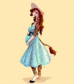 anthro belly blush blush_lines braided_hair breasts brown_body brown_fur brown_hair clothing cloven_hooves dress female fur green_eyes hair hand_on_belly hat headgear headwear holding_belly hooves inner_ear_fluff looking_at_viewer markings maternity_clothes maternity_dress pose pregnant pregnant_anthro pregnant_female retro side_view smile solo spots spotted_markings spotted_tail standing sun_hat sunburst_(design) sundress tail tail_markings tail_tuft tan_body tan_fur tuft vintage thelupinprincess gracey_halvenka giraffe giraffid mammal 2025 hi_res