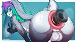 anthro anus balls bent_over big_anus big_butt blush butt femboy fur genitals gesture glass green_hair grey_body grey_fur hair hand_gesture huge_anus hyper hyper_anus long_ears male nervous pink_anus puffy_anus purple_hair short_tail solo tail thick_thighs transparent_buttplug v_sign white_body white_fur markmanez kyle_walden lagomorph leporid mammal rabbit hi_res