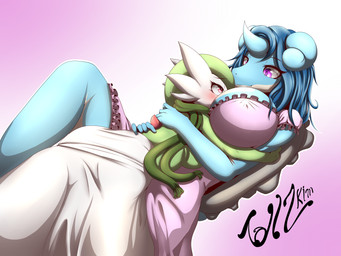 anthro anthrofied between_breasts big_breasts blue_hair blush breast_size_difference breasts cleavage clothed clothing dress duo female female/female hair horn hug huge_breasts humanoid_on_anthro nipple_outline nipples pink_background pink_eyes pokemorph scarf shell side_boob simple_background smile spread_legs spreading text tailzkim nintendo pokemon fan_character ivana_(warenscape) gardevoir generation_1_pokemon generation_3_pokemon humanoid lapras pokemon_(species) 2015 absurd_res digital_media_(artwork) english_text hi_res signature