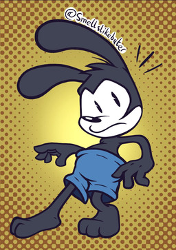 anthro belly big_ears big_feet blue_body blue_clothing blue_fur bottomwear clothing dotted_background feet fur hair looking_back male nervous pattern_background pie_cut_eyes rabbit_ears shorts simple_background snout solo text smellslikebuter disney epic_mickey oswald_the_lucky_rabbit lagomorph leporid mammal rabbit absurd_res artist_name digital_media_(artwork) hi_res