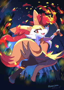 ambiguous_gender anthro arm_tuft cheek_tuft chest_tuft city city_background cute_fangs dipstick_tail facial_tuft fangs fire fur holding_object inner_ear_fluff looking_at_viewer looking_down looking_down_at_viewer low-angle_view markings midair open_mouth open_smile orange_body orange_eyes orange_fur orange_nose semi-anthro shoulder_tuft smile solo stick tail tail_markings teeth tuft white_body white_fur yellow_body yutano_tantan nintendo pokemon braixen canid canine fox generation_6_pokemon mammal pokemon_(species) 2024 absurd_res dated hi_res signature
