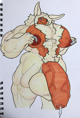 anthro big_muscles big_penis chest_tuft fluffy genitals huge_muscles huge_penis hyper hyper_genitalia hyper_muscles hyper_penis koyo_the_werebun looming low-angle_view male muscular nipple_piercing nipples penis piercing presenting solo standing tuft vein veiny_penis raliphoul_m-e-v lagomorph mammal absurd_res hi_res traditional_media_(artwork)