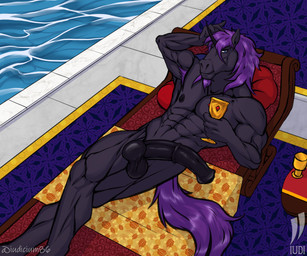 abs animal_genitalia animal_penis anthro armpit_hair balls body_hair crossed_legs equine_genitalia equine_penis erection genitals horn lying male muscular nipples on_back penis poolside relaxing royalty solo swimming_pool iudicium86 equid equine horse mammal hi_res